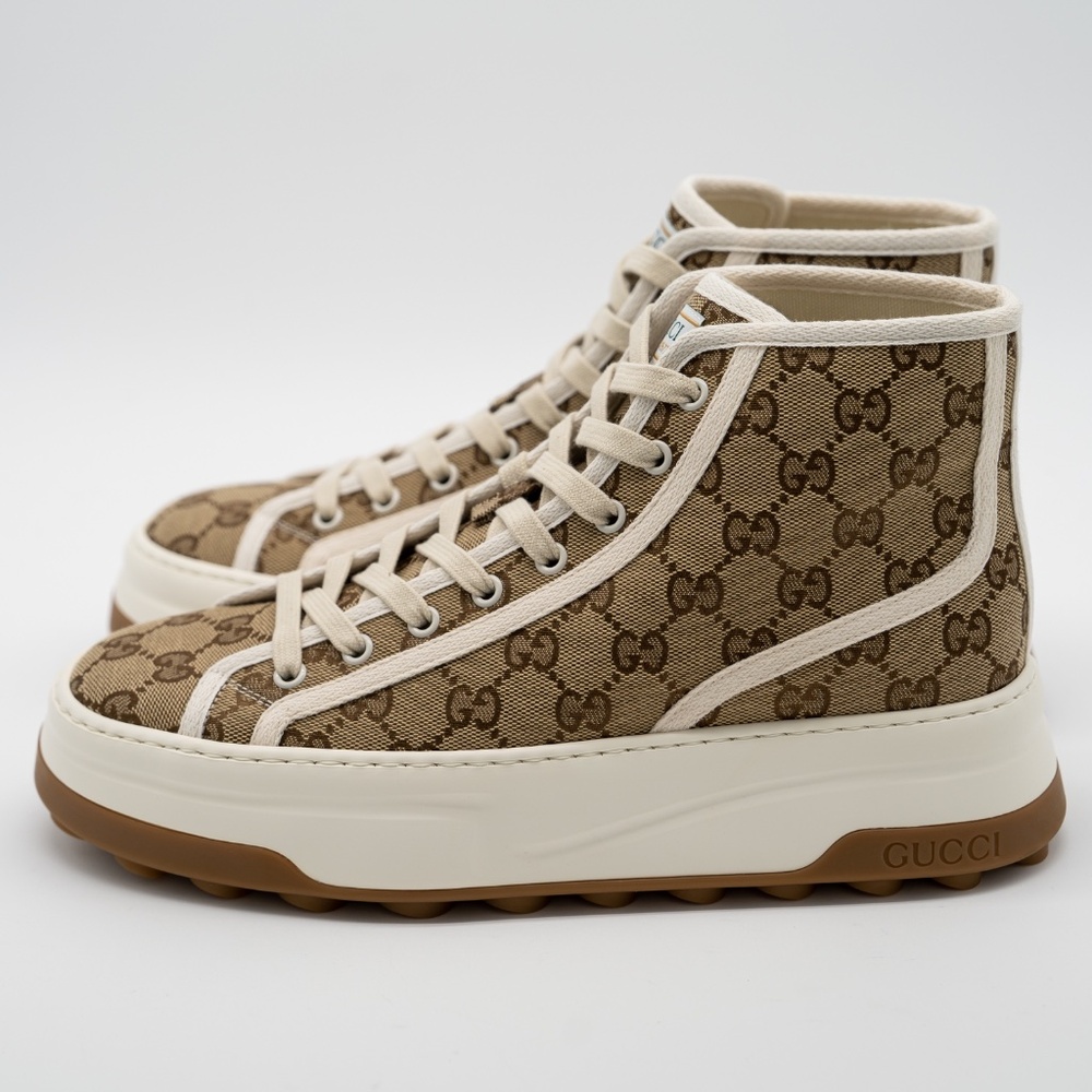 size 41G 11 US Gucci Tennis Platform GG Canvas Beige Brown Sneakers High Top - Picture 4 of 11